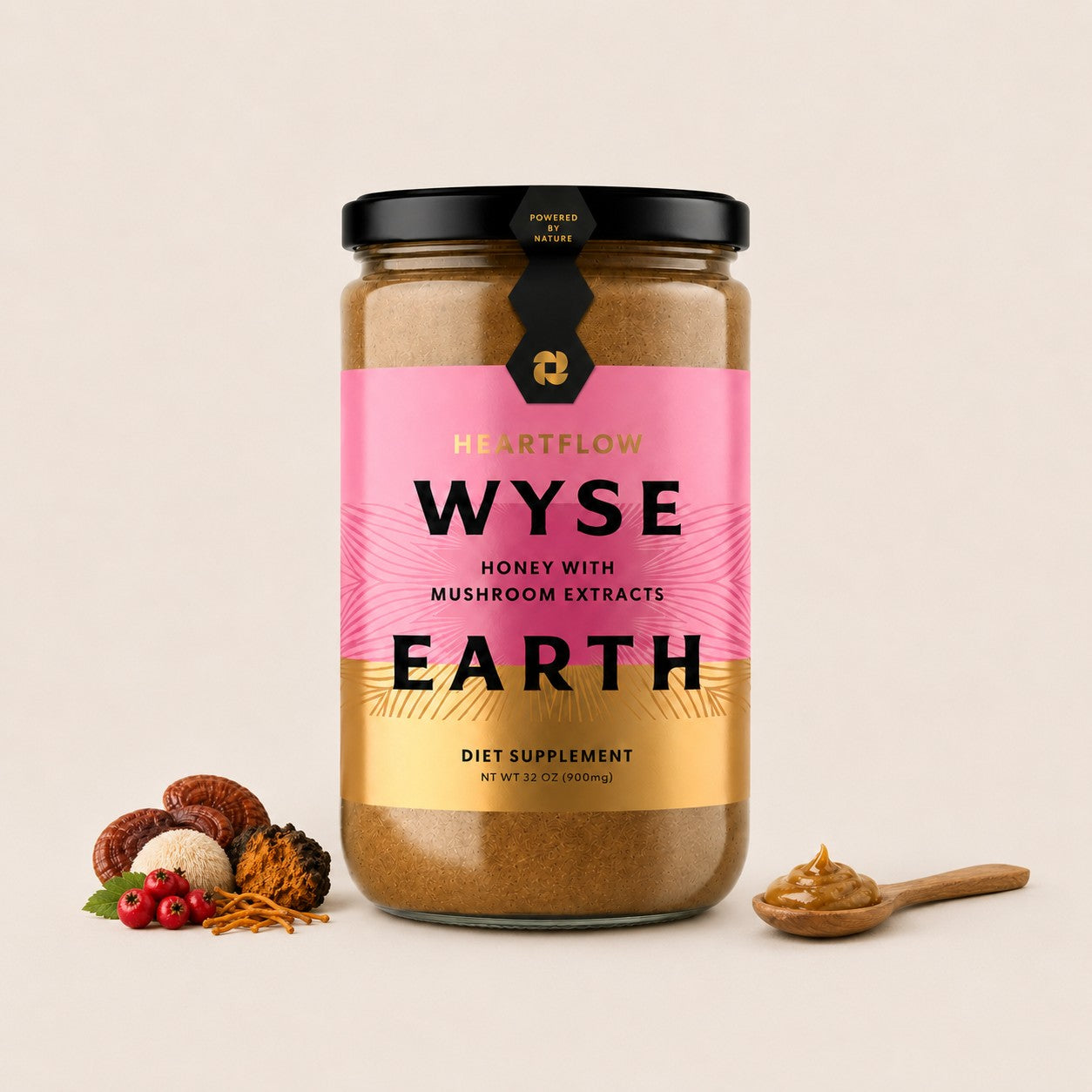 Jar of Wyse Earth honey with mushroom extracts. Hawthorn, reishi, lion's mane