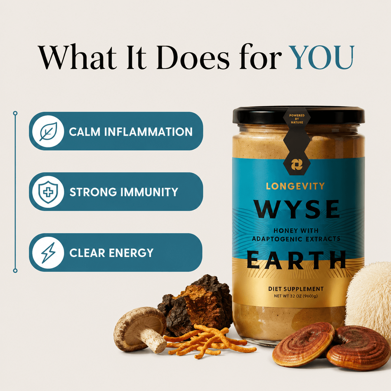 Jar of Longevity Wyse Earth honey with adaptogenic extracts, cordyceps, lion's name, reishi